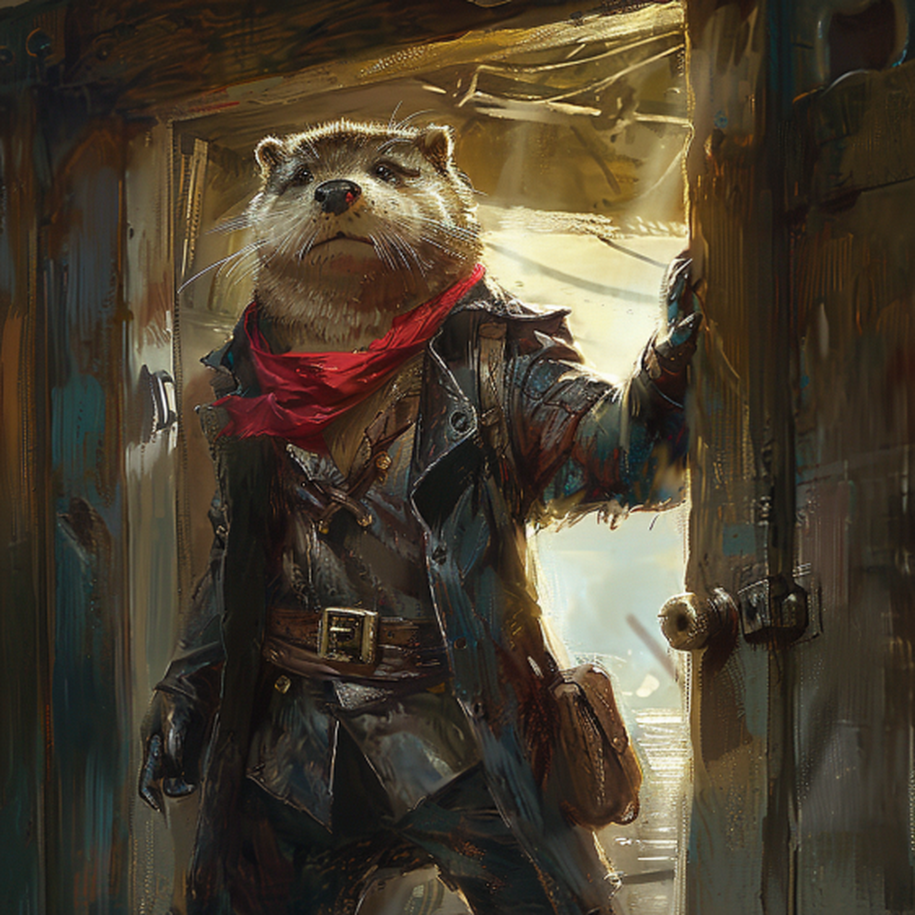 Proudfoot the otter standing in a hatchway
